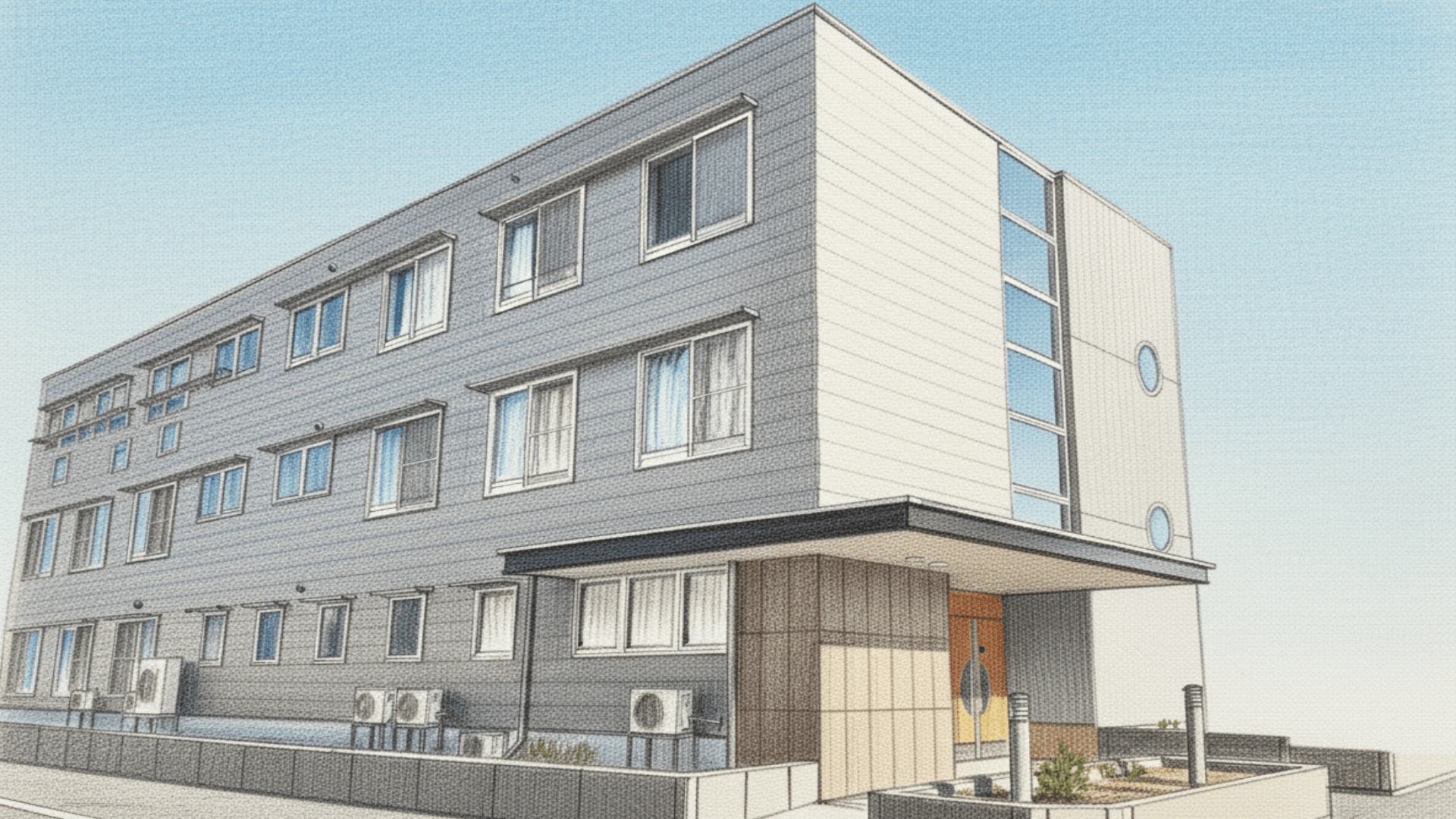 青空の下、グループホームの外観